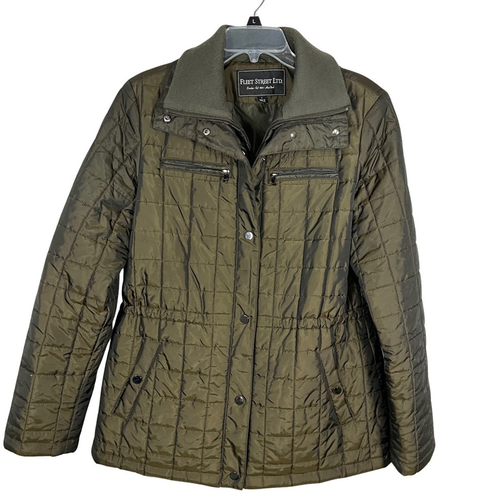 Fleet Street Jacket Size L Quilted Olive Front Zipper & Snaps Draw String Lined